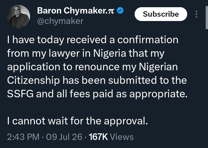 Screenshot of social media reactions to Baron's citizenship renunciation announcement