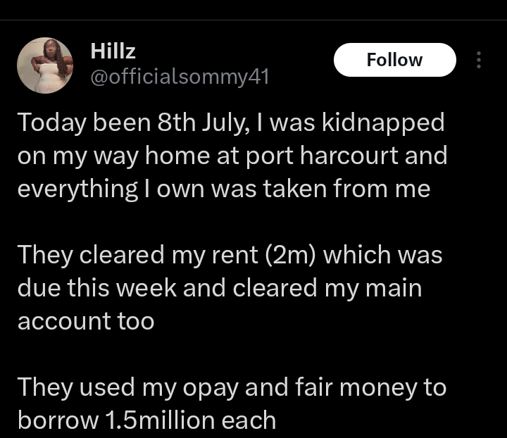 Screenshot of the woman's X post detailing her kidnapping ordeal
