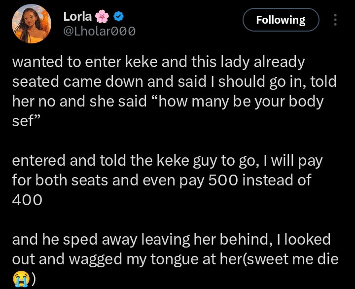 Screenshot of social media post about the keke incident