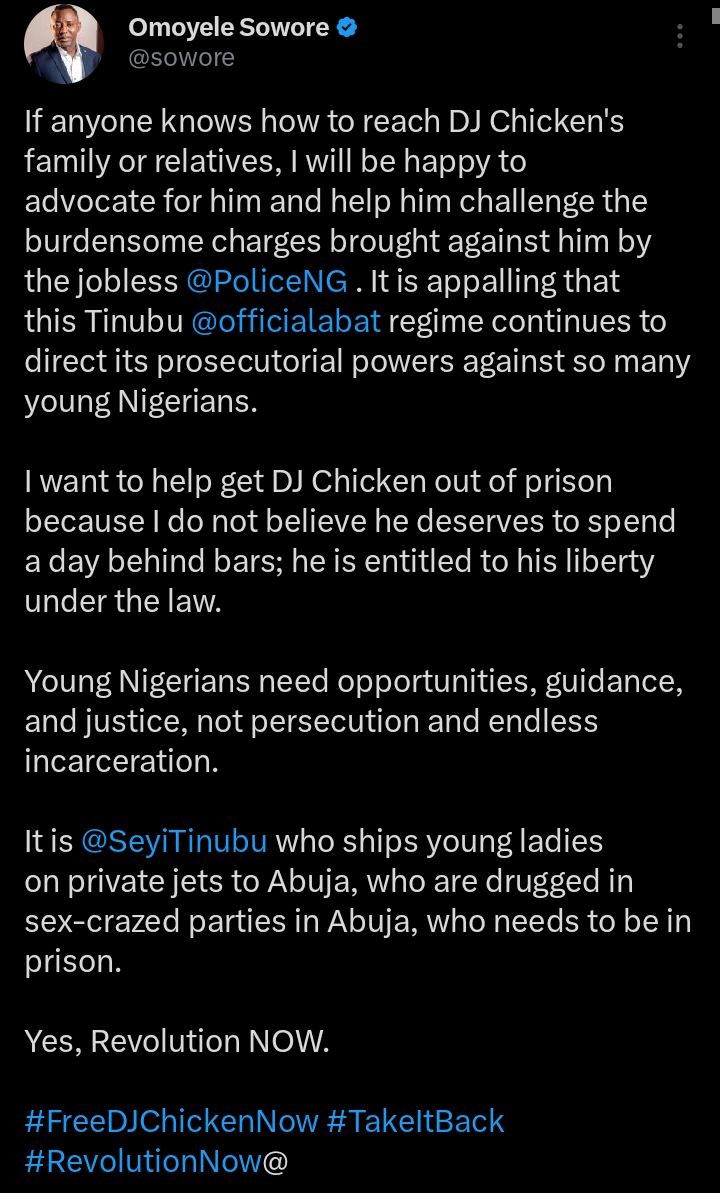 Screenshot of Sowore's X post about DJ Chicken case