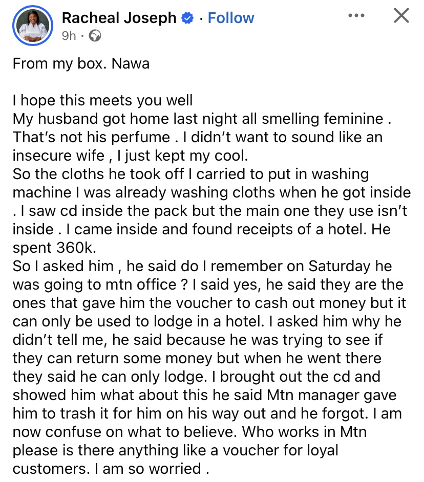 Screenshot of husband's feminine smell and hotel receipt
