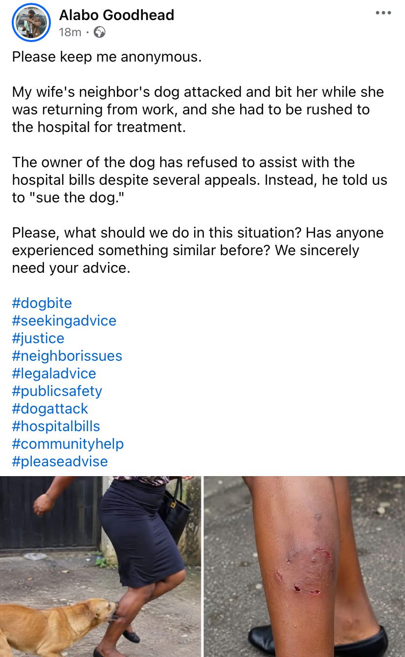 Screenshot of Facebook post seeking advice