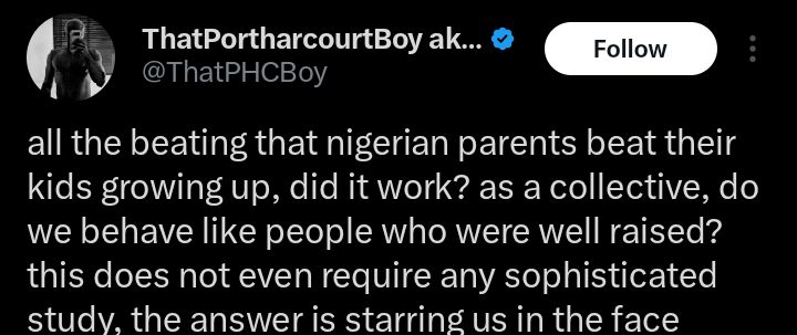Screenshot of social media post discussing corporal punishment
