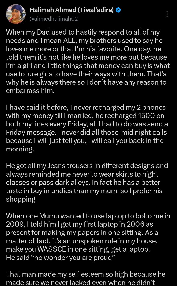 Screenshot of social media post discussing father's support