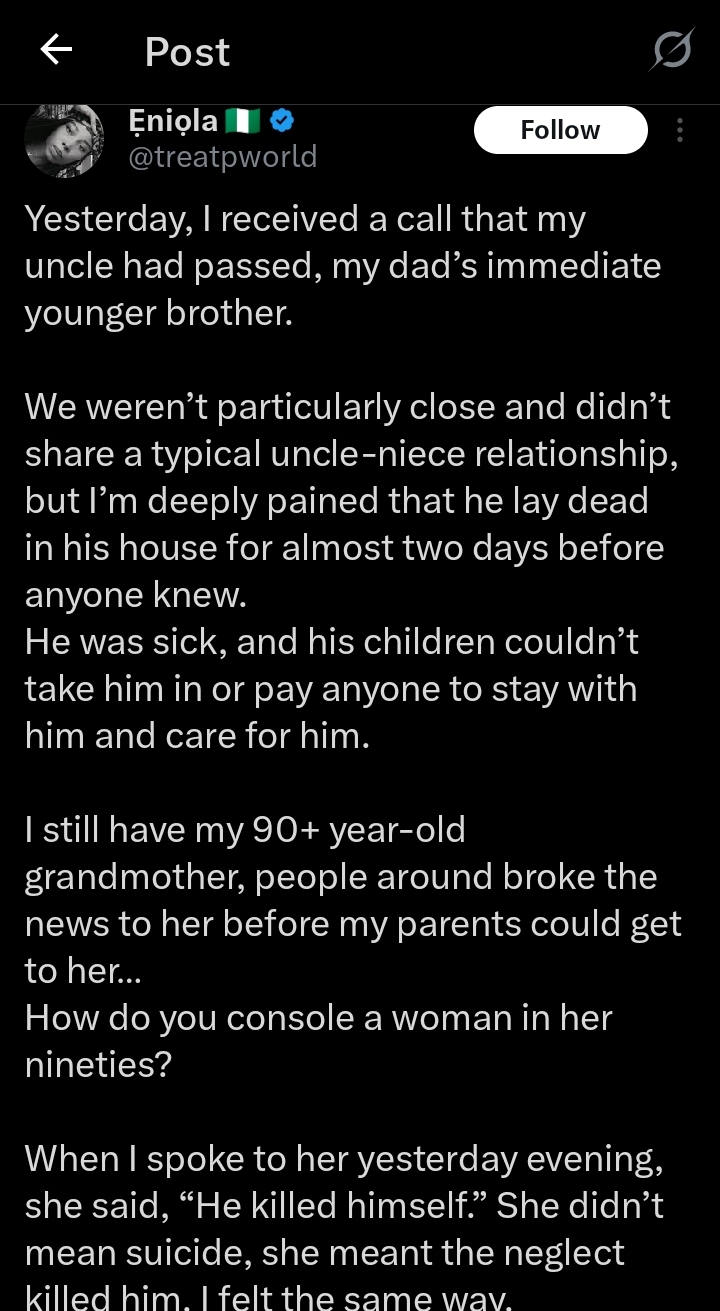 Screenshot showing social media post about the uncle's death