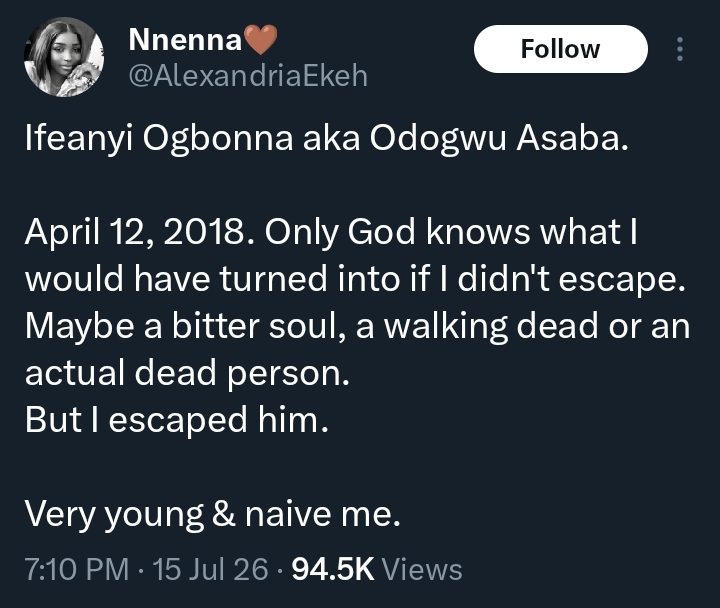 Screenshot showing Nnenna's post about escaping Odogwu Asaba