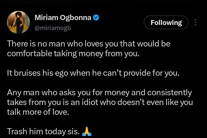 Screenshot showing social media reactions to Miriam Ogbonna's relationship advice