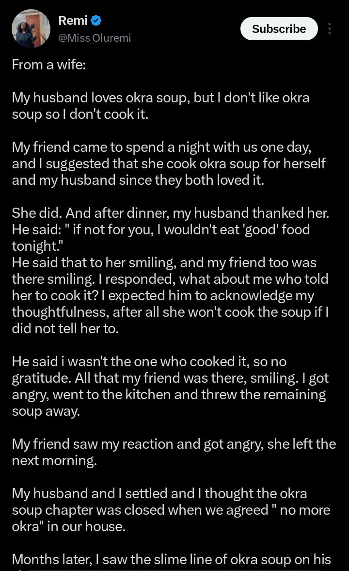 Screenshot showing alleged evidence of husband’s secret okra soup visits
