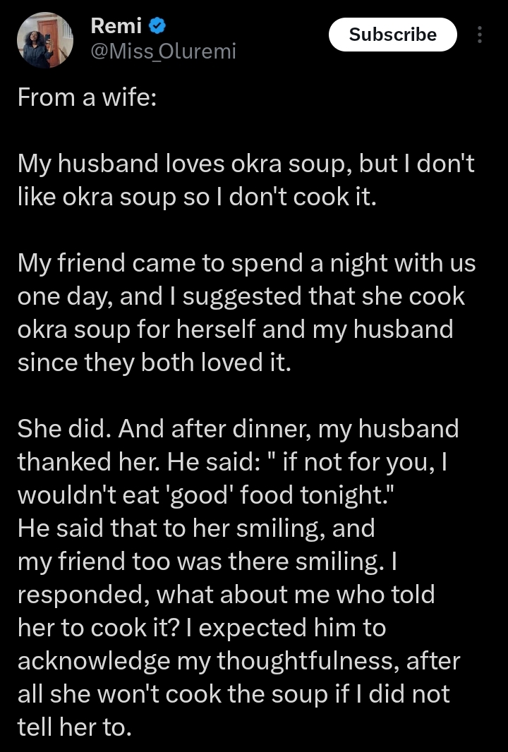 Screenshot showing evidence of the husband’s secret okra soup arrangement