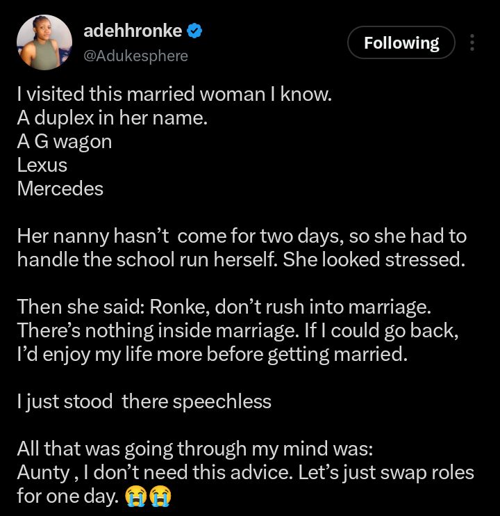 Screenshot of the viral post showing the married woman's advice