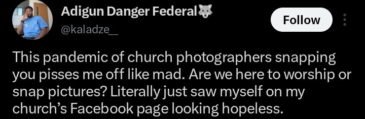 Screenshot of Adigun's viral post about church photography