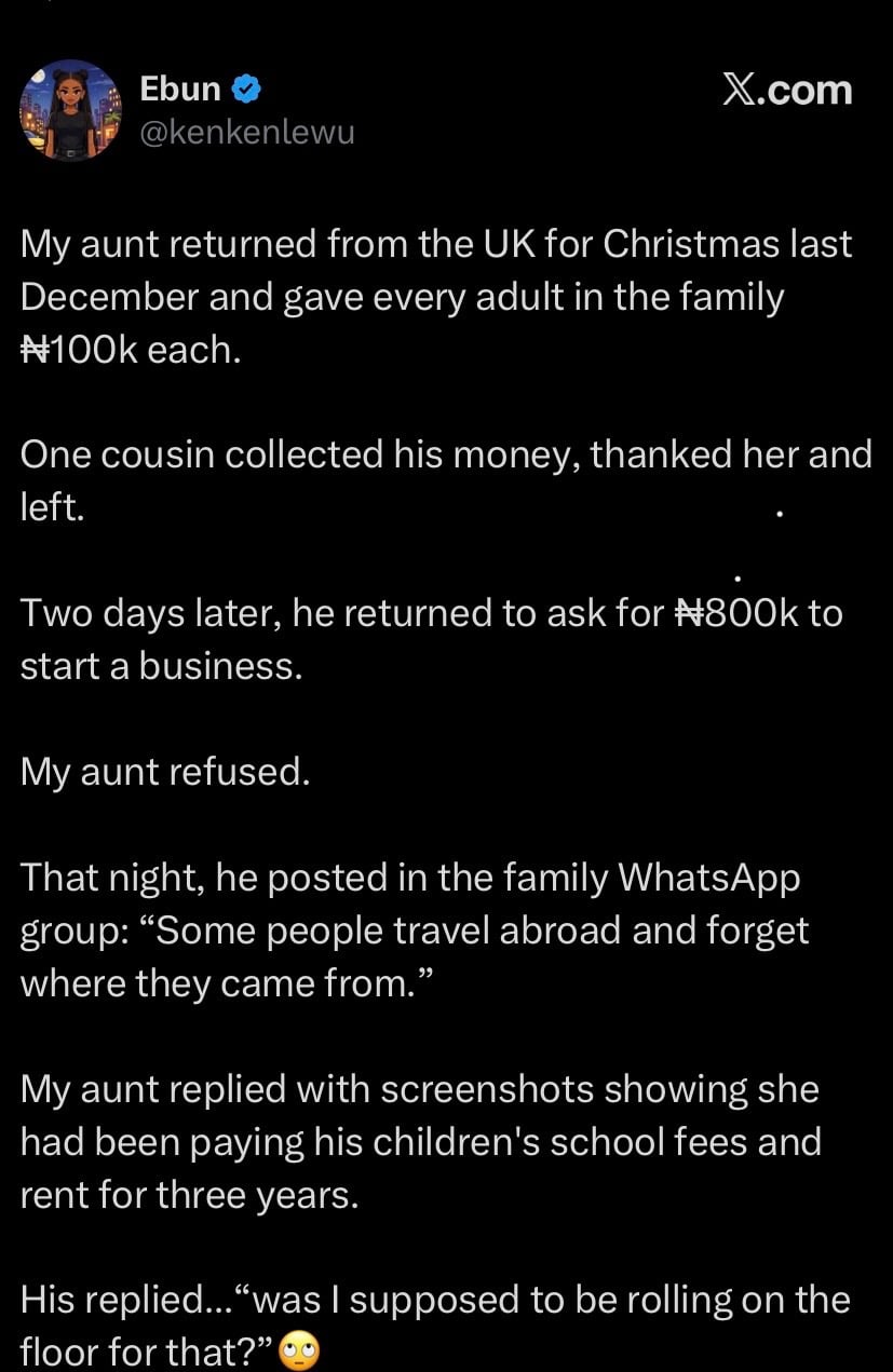 "My aunt returned from the UK and gave every adult ₦100k" - Lady recounts family drama