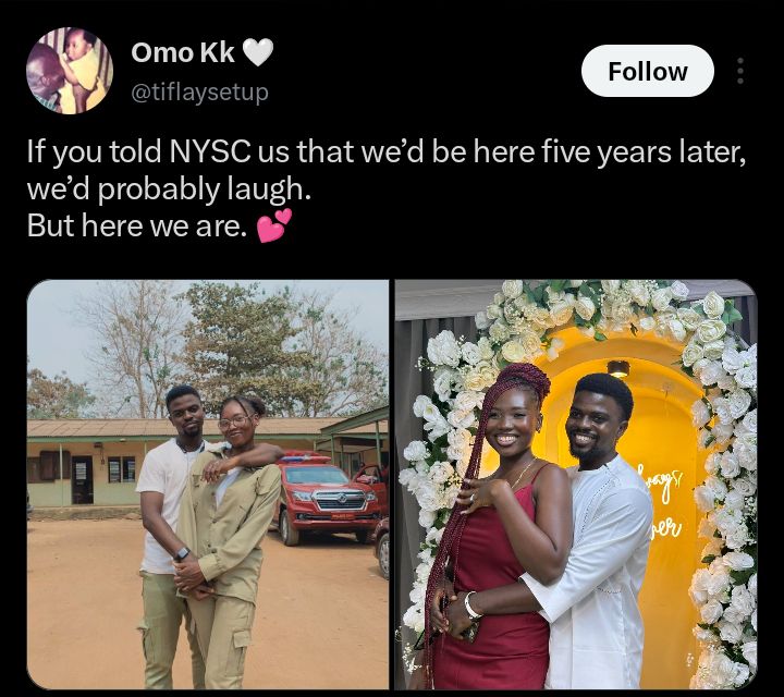 Screenshot of the viral X post showing the couple’s NYSC and engagement photos