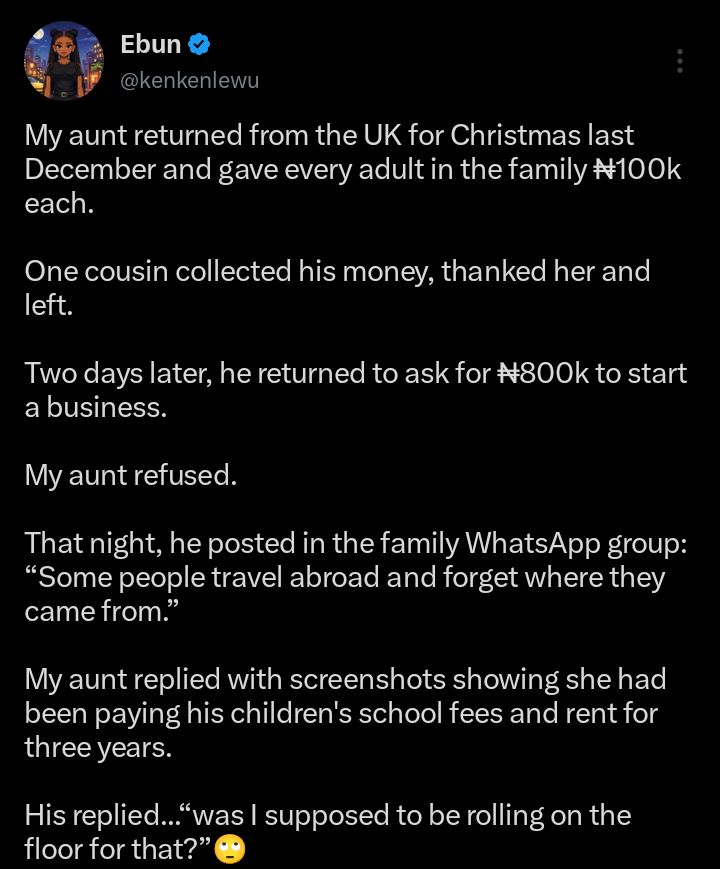 Screenshot of WhatsApp conversation showing aunt’s financial support