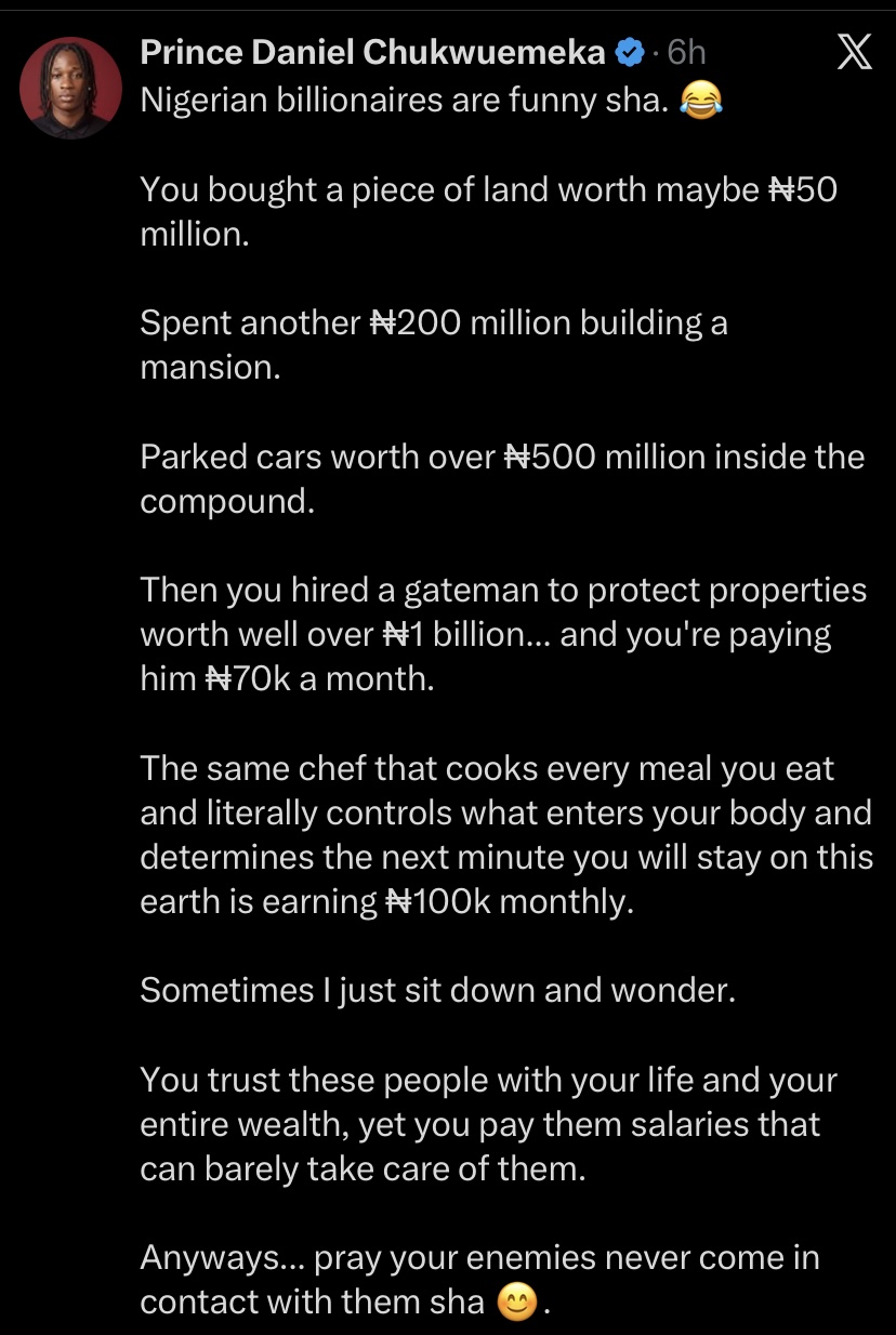 Screenshot of the social media post criticizing billionaires' pay to domestic staff