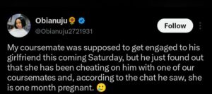 Screenshot of the viral post discussing the alleged affair and pregnancy