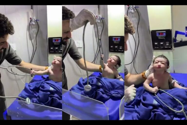 Newborn Baby Playfully Refuses to Let Go of Doctor’s Stethoscope in Viral Clip
