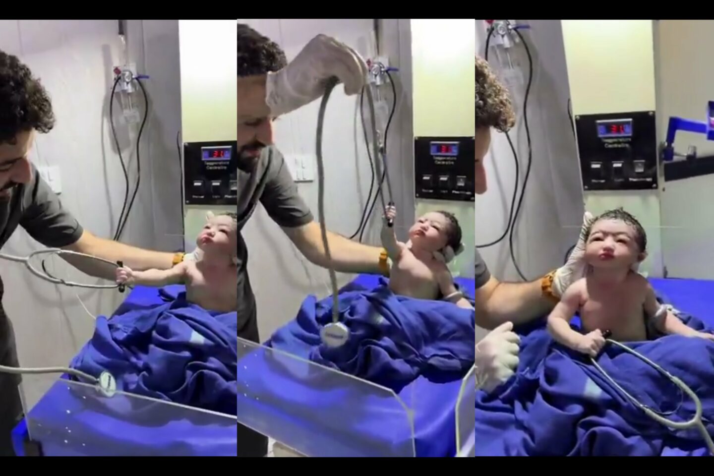 “I won” — Funny moment newborn baby refuses to release doctor's stethoscope during examination