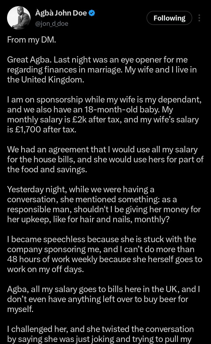 Screenshot of social media post discussing the husband’s upkeep request