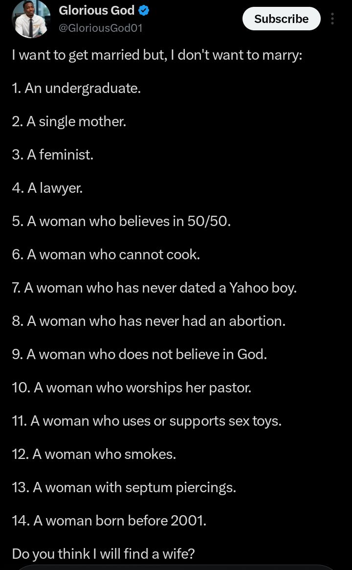Screenshot of social media post showing the man's list of 14 qualities