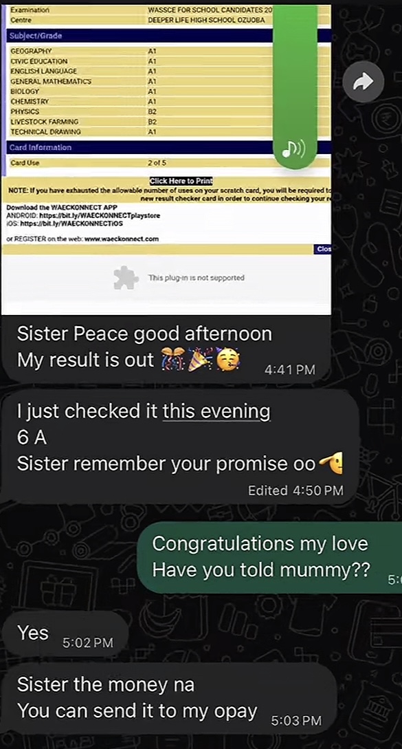 Screenshot of the WAEC result shared by the sister