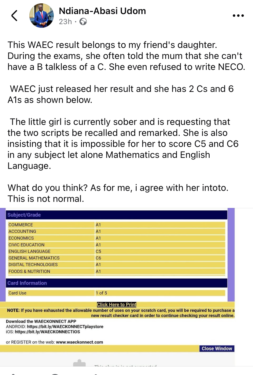 Screenshot of the girl's WAEC result showing six A1s and two C grades