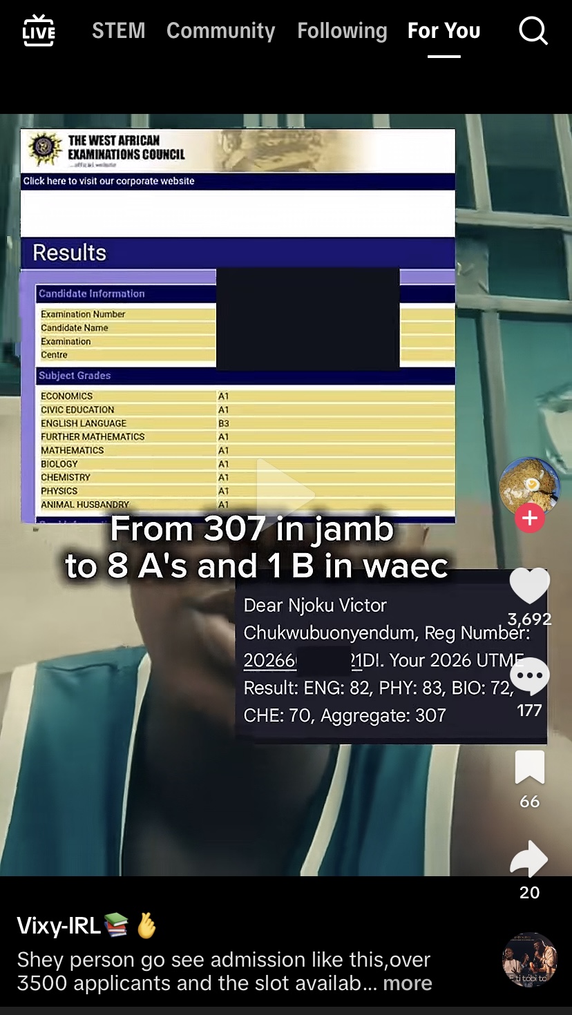 Screenshot of Njoku Victor's TikTok bio indicating Optometry course at FUTO