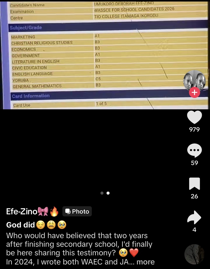 2026 WAEC: Lady who failed exam twice shares result online after her third attempt