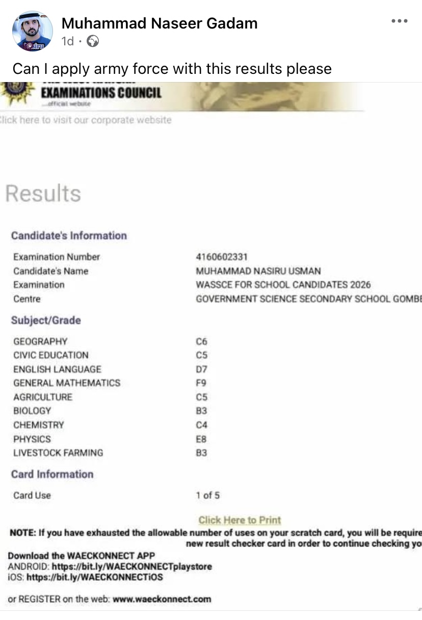 Screenshot of Muhammad Naseer Gadam’s WAEC result